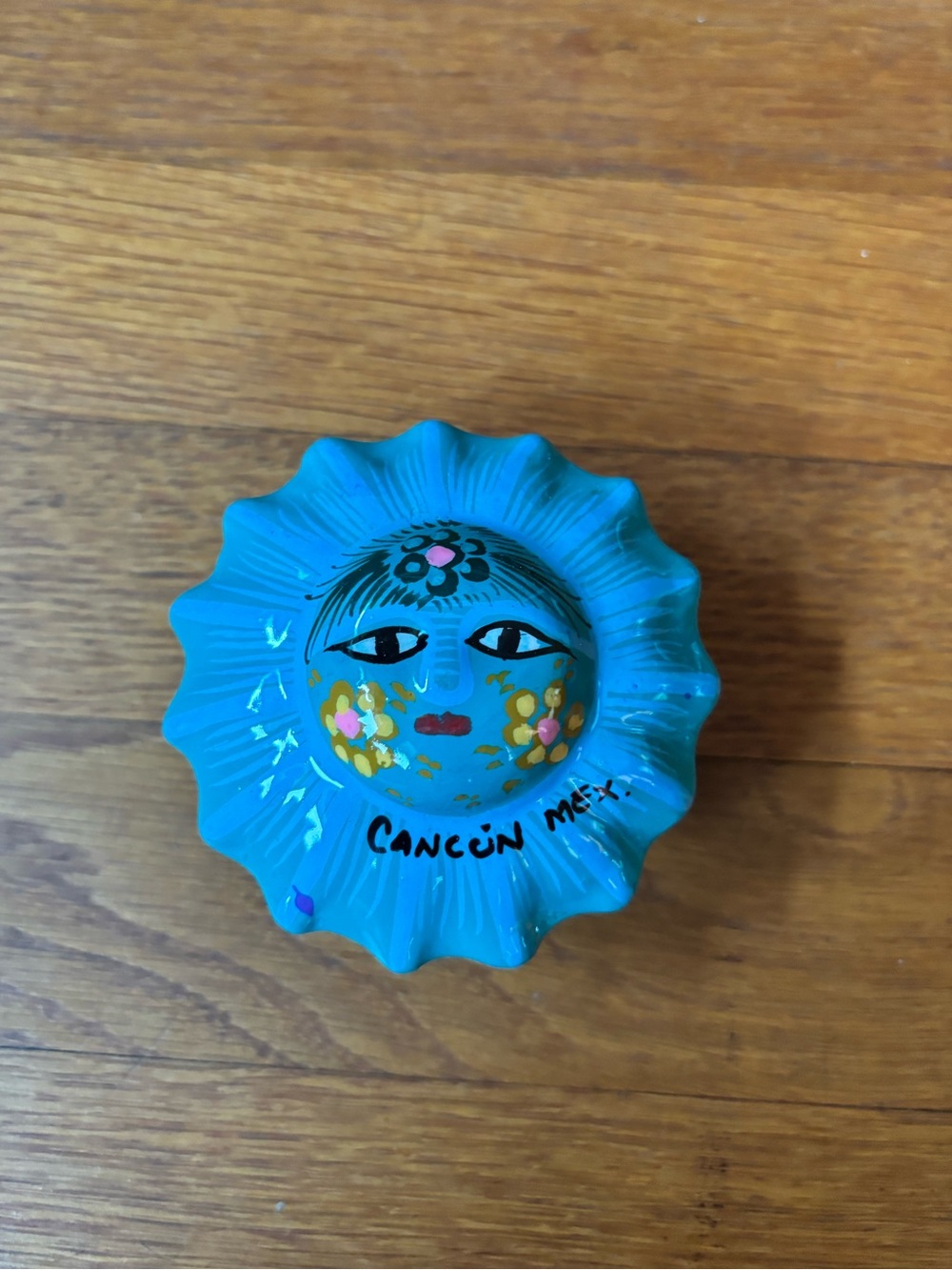 Hand-Painted Turquoise Sun Shaped Trinket Case - Cancun, Mexico